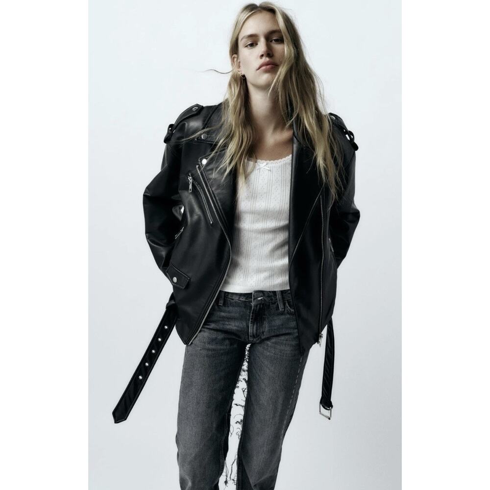 Zara Black Faux Leather Oversize Moto Jacket No Belt Edgy Streetwear Size Medium